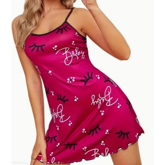 Eyelash Print Nightdress, Spaghetti Strap Sleep Dress.  Fun & Flirty!  Rose Red - Picture 1 of 4